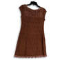 Womens Brown Lace Cap Sleeve Round Neck Back Zip Sheath Dress Size 4 image number 1