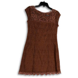 Womens Brown Lace Cap Sleeve Round Neck Back Zip Sheath Dress Size 4