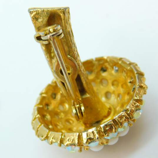 Vintage Gold Tone Aurora Borealis & Faux Pearl Mushroom Brooch w/ Bracelet & Earrings 44.1g image number 9