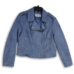 Womens Blue Long Sleeve Asymmetrical Full Zip Motorcycle Jacket Size Large