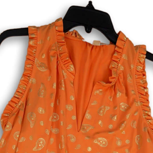Women Orange Gold Ruffle Paisley Sleeveless Split Neck Blouse Top Size XL image number 3