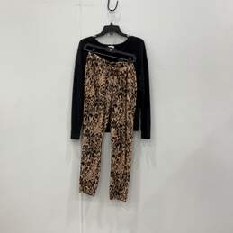 Ambrielle Womens Black Long Sleeve Top And Cheetah Print Pajama 2 Piece Set Sz S
