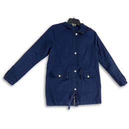 Womens Blue Long Sleeve Front Pockets Hooded Full-Zip Jacket Size Medium