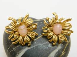 Vintage Oscar de la Renta Gold Tone & Pink Rhinestone Cabochon Flower Earrings 17.9g