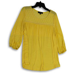 Womens Yellow 3/4 Sleeve Round Neck Pullover Blouse Top Size Medium