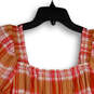 NWT Womens Pink Orange Plaid Square Neck Short Sleeve Crop Blouse Top Sz M image number 4