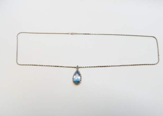 14K White Gold Blue Topaz Teardrop 0.10 CTTW Diamond Pendant Necklace 13.9g image number 2