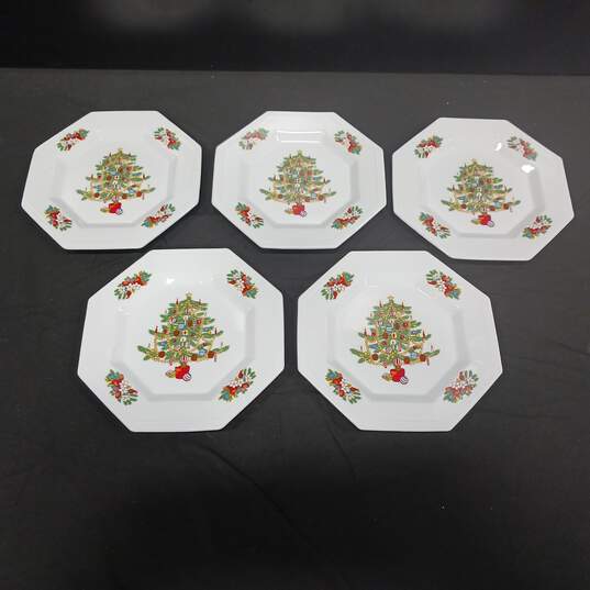 Set of 5 Fairfield Fine China Christmas Tree Peace on Earth Octagonal Salad Plates image number 2
