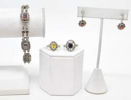 925 Sterling Silver Garnet Onyx Marcasite & CZ Earrings Bracelet & Rings 37.0g