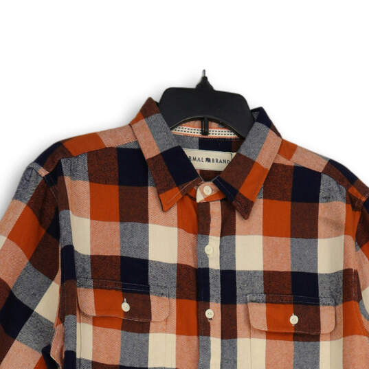 Mens Blue Orange Plaid Long Sleeve Flap Pocket Button-Up Shirt Size Large image number 3