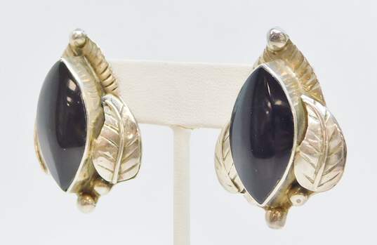 Taxco Mexican Modernist 925 Sterling Silver Onyx Statement Earrings 25.3g image number 2