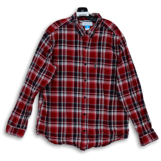Mens Red Black Plaid Pocket Collared Long Sleeve Button-Up Shirt Size XL image number 1