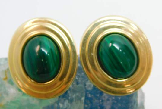 14K Gold Modernist Malachite Cabochon Tiered Oval Post Earrings 2.3g image number 3