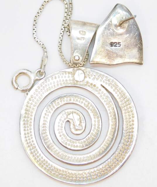 Artisan Sterling Silver Spiral Pendant Necklace Brooch & Geometric Post Earrings & Ring 25.4g image number 7
