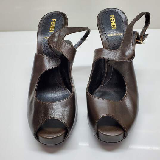 Fendi Dark Brown Leather Peep Toe Slingback Heels Size 37 AUTHENTICATED image number 1