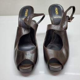 Fendi Dark Brown Leather Peep Toe Slingback Heels Size 37 AUTHENTICATED