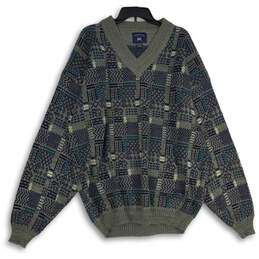 Mens Gray Blue Geometric Long Sleeve V-Neck Pullover Sweater Size 3XLT