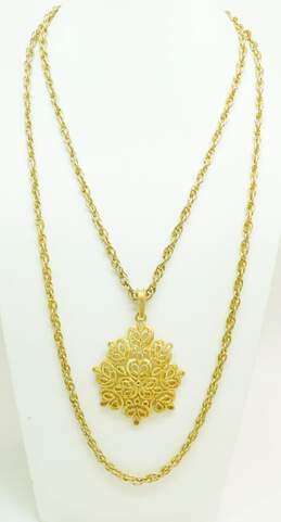Vintage Crown Trifari Gold Tone Filigree Pendant Double Strand Necklace 66.7g