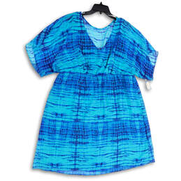 NWT Womens Blue Round Neck Short Sleeve Pullover A-Line Dress Size 20W