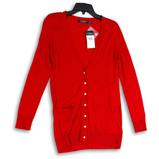 NWT Womens Red Tight-Knit Long Sleeve Button Front Cardigan Sweater Size S image number 1