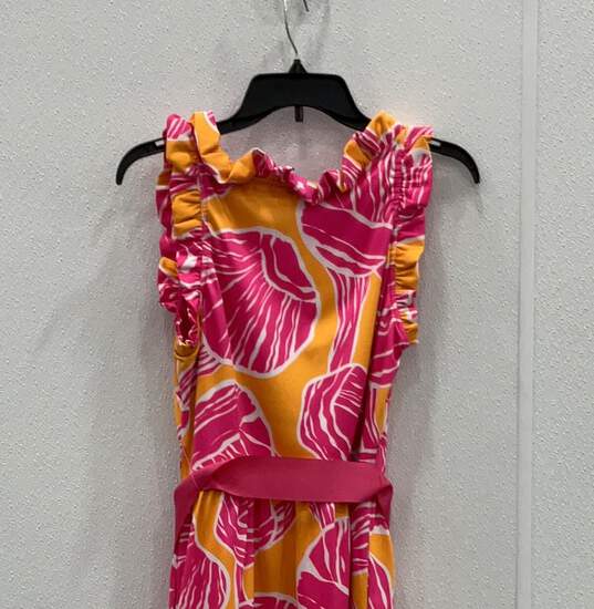Womens Pink Orange Floral Ruffle Round Neck Sleeveless Shift Dress Size M image number 4