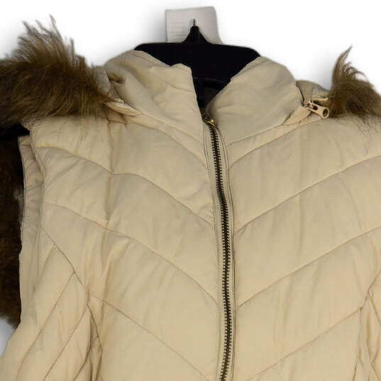 Womens Beige Fur Trim Hooded Sleeveless Full-Zip Puffer Vest Size Medium image number 3