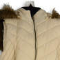Womens Beige Fur Trim Hooded Sleeveless Full-Zip Puffer Vest Size Medium image number 3