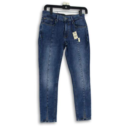NWT Express Womens Blue Denim Medium Wash Ankle Slit Skinny Jeans Size 4P image number 1