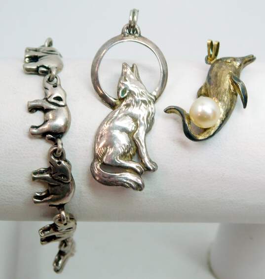 Artisan 925 Howling Wolf & Dolphin Faux Pearl Pendants & Elephant Links Bracelet image number 1