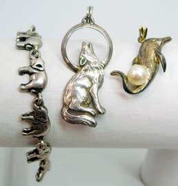 Artisan 925 Howling Wolf & Dolphin Faux Pearl Pendants & Elephant Links Bracelet