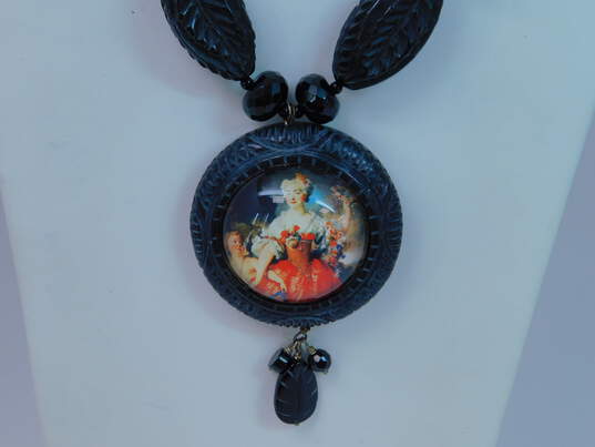 Hotcakes Design 925 Carved Black Lucite Onyx Floral Victorian Lady Necklace 92.3g image number 2