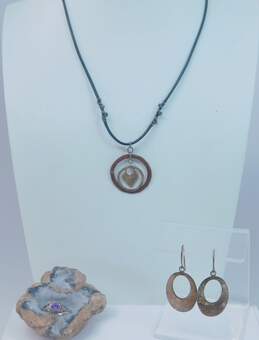 Rustic 925 & Mixed Metals Hammered Heart & Circles Pendant Cord Toggle Necklace Tapered Oval Drop Earrings & Amethyst Ring 11.6g