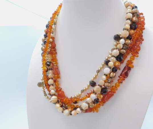 Artisan 925 Amber Faceted Smoky Quartz Carnelian Shell & Pearls Beaded Multi Strand Statement Necklace 110.8g image number 3