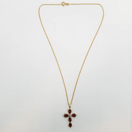 14K Gold Diamond Garnet Cross Pendant Necklace 3.5g image number 5