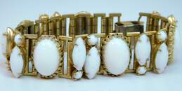 Vintage Goldtone White Milk Glass Cabochons Paneled Chain Bracelet 47.4g