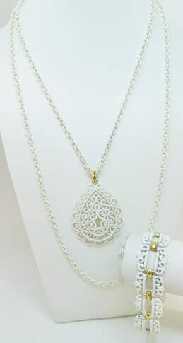 Vintage Crown Trifari White & Gold Tone Filigree Pendant Necklace Bracelet
