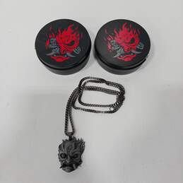 Cyber Punk Samurai Medallion Necklaces in Tin Boxes 2pc Bundle