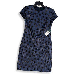 NWT Womens Blue Sequin Round Neck Short Sleeve Back Zip Sheath Dress Size 4
