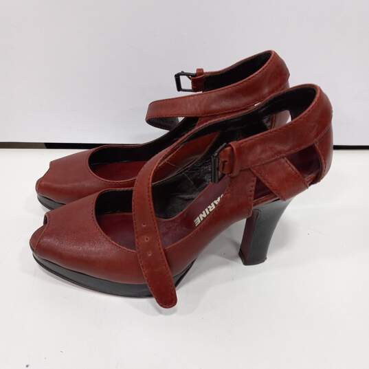 Womens Burgundy Peep Toe Ankle Strap Buckle Stiletto Pump Heels Size EUR 36 image number 3