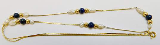 14K Yellow Gold Lapis & Rice Pearl Station Necklace 2.2g image number 3