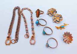 Artisan Copper Southwestern Faux Turquoise & Goldstone Rings Road Runner & Sunburst Brooches Flower Clip Earrings Chain Bracelets 44.7g