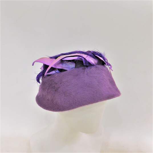 VNTG Mystere Doris Designed Famous Barr Co St. Louis Bonnet Imported Fur W/ Feathers Purple Hat image number 3