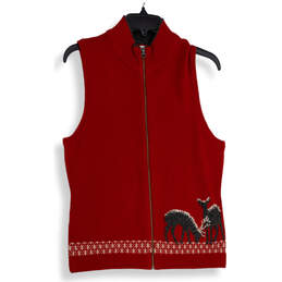 Womens Red Gray Knitted Mock Neck Sleeveless Full-Zip Vest Size S/P