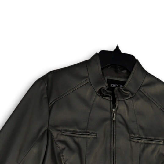 Womens Black Mock Neck Faux Leather Long Sleeve Full-Zip Jacket Size Large image number 3