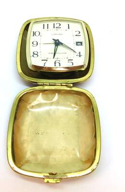 Vintage Westclox Calendar In Brown Clam Shell Case Travel Alarm Clock 185.8g