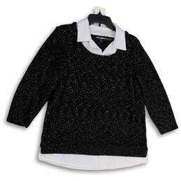 Womens Black White Long Sleeve Collared Layered Pullover Sweater Size M