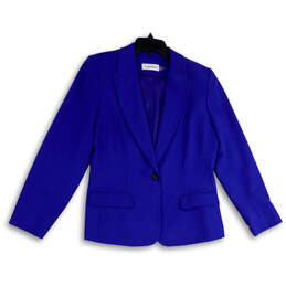 Womens Blue Peak Lapel Long Sleeve Flap Pocket One Button Blazer Size 14