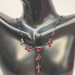 Designer Givenchy Silver-Tone Gunmetal Red Rhinestone Y-Drop Necklace
