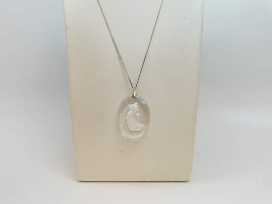 Precious Moments Silvertone Girl & Goose Carved Glass Oval Pendant Chain Necklace IOB 45.6g image number 1
