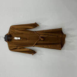 NWT Womens Brown Satin Pockets Ruffle Collar 3/4 Sleeve Shirt Dress Sz XXS